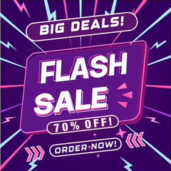 Flash Sale  Big Deals Banner. Retro purple comic style background with lightning bolts and speed lines. Vector marketing illustration.