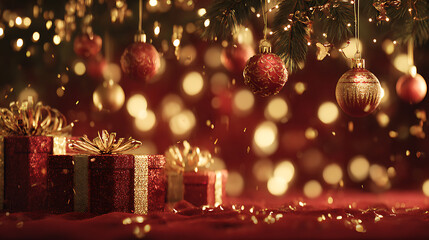 Luxurious Christmas background with red velvet, golden ornaments, and gifts