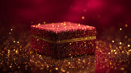 Luxurious glittering gift box with golden accents on festive background