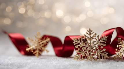 Elegant Christmas decoration with red ribbon and golden snowflakes