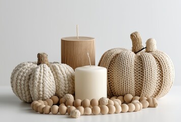 Minimalist fall decor with knitted pumpkins and candles
