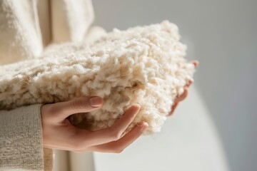 Soft woolen textile folded in gentle hands
