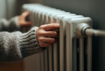 Warming hands on home radiator in winter
