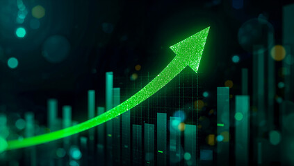 Green arrow pointing up over financial graph data