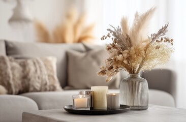 Cozy candle and dried flower decor on table
