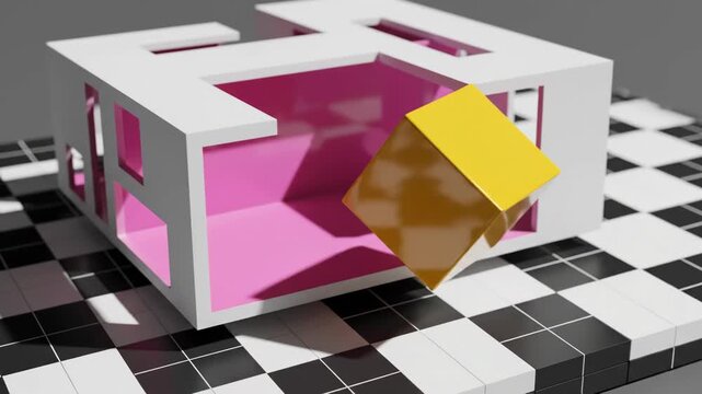 Abstract 3d structure with white frame, pink interior, and yellow cube on checkerboard floor