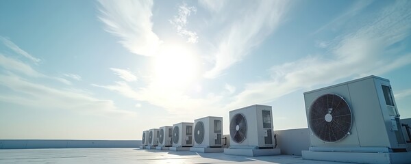Outdoor air conditioning units lined up on a rooftop under a bright sunny sky. These cooling systems regulate building temperature. They are essential for comfort.