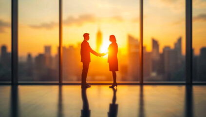 Two business professionals shaking hands at sunset with city skyline