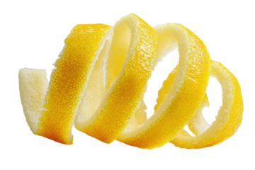 Spiral fresh lemon peel isolated on a transparent background