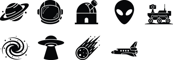 Essential vector icons illustrating space exploration, astronomy, planets, and potential extraterrestrial life forms. © Alhamd Studio