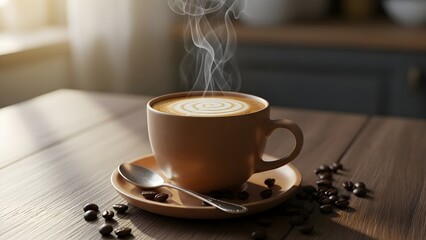 Warm and inviting, a freshly brewed cup of coffee with delicate latte art, its steam gracefully rising, offers a perfect start to a peaceful morning, reminiscent of a gently whisked frothy delight