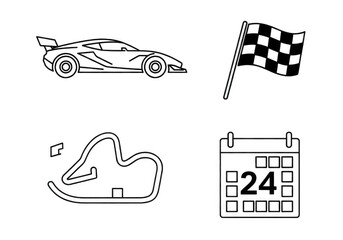 Race car, checkered flag, race track, and calendar with the number 24, racing concept illustration isolated on transparent background