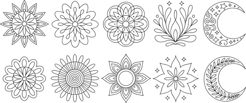 Ten black line art decorative elements sun moon floral