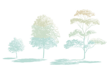Three stylized trees with pastel green and beige foliage