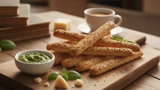 Crispy sesame breadsticks served with a bowl of green dipping sauce, accompanied by coffee in a warm, cozy setting.