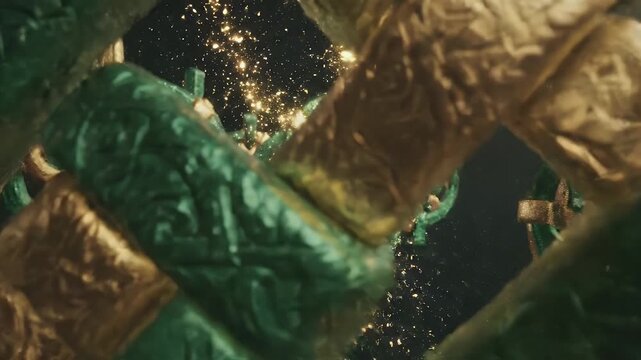 Cinematic 3D animation of green and gold Celtic knotwork with glowing particles floating in dark space.