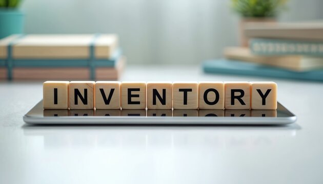 Wooden blocks spell out the word Inventory on a tablet device. Business concept for stock management and logistics. Digital storage and tracking systems for goods. - Powered by Adobe