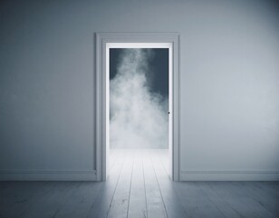 An open door reveals a misty, mysterious passage, beckoning with enigmatic allure in a surreal composition. 