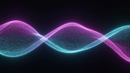 Vibrant abstract double helix shape composed of glowing neon cyan and magenta particles flowing across a dark digital background representing data communication or scientific structure - Powered by Adobe