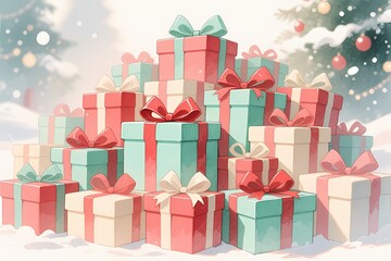 Anime Watercolor Christmas Gift Pile Pastel Illustration.