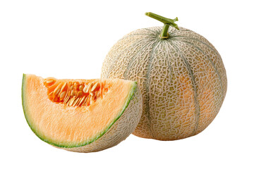 Whole and sliced fresh cantaloupe melon isolated on a transparent background