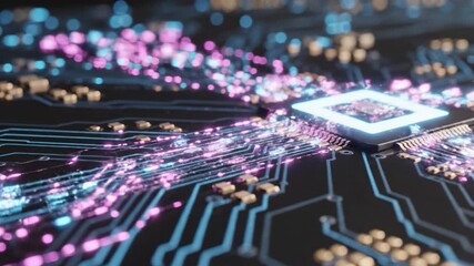 Microchip circuit board with glowing neon light trails and vibrant blue pink lines on dark electronic board showcasing advanced digital technology and futuristic electronic design concept - Powered by Adobe