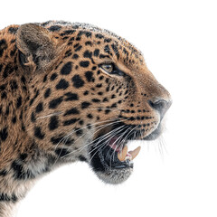 Obraz premium PNG of A close-up of a fierce male leopard with striking fur patterns and sharp teeth, showcasing wild beauty.