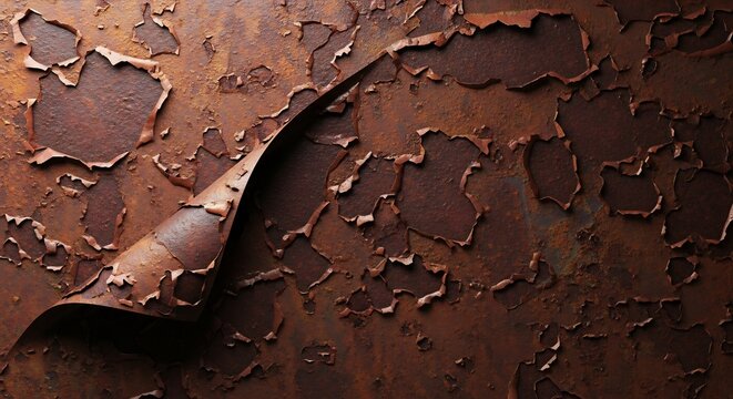 Closeup of severely rusted metal surface with large sections of paint and rust flaking and peeling away