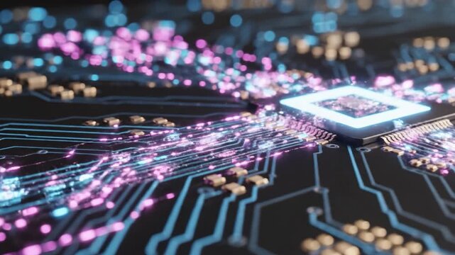 Microchip circuit board with glowing neon light trails and vibrant blue pink lines on dark electronic board showcasing advanced digital technology and futuristic electronic design concept