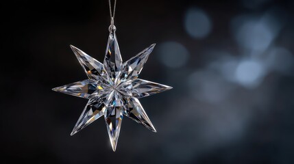 A sparkling crystal ornament shaped like a star suspended midair against dark blurred backdrop Shadows realistic adding depth