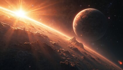 Alien planet surface with distant starburst glow on horizon. Large moon or planet looms in dark sky filled with nebula and star clusters. Dramatic cosmic landscape.