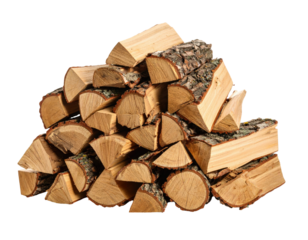 Natural pile of firewood stacked neatly with visible bark texture, cut wooden logs arranged in rustic organic formation isolated on white background