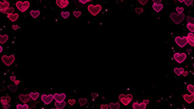 valentines day hearts neon lights border frame on black background animation, shiny glowing heart romantic love social media motion design element