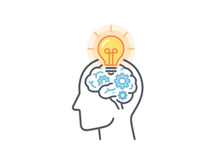 Illustration of a human head with a lightbulb and gears symbolizing an idea.