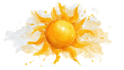 Bright watercolor painted yellow sun with radiant swirling rays and artistic splash texture illustration isolated on white background