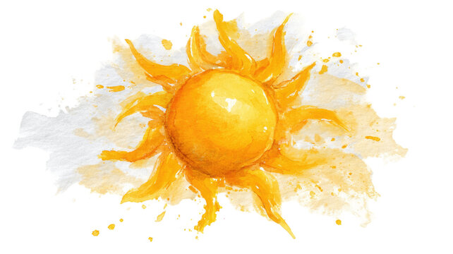 Bright watercolor painted yellow sun with radiant swirling rays and artistic splash texture illustration isolated on white background