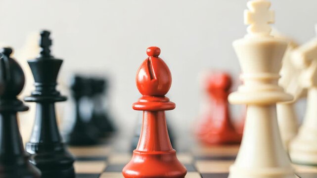 Chess pieces on board with focus red bishop