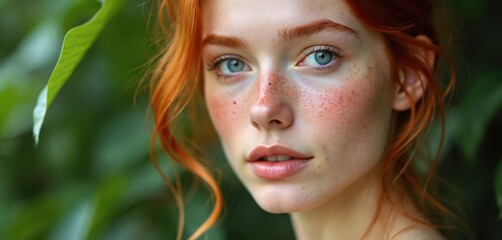 Fototapeta premium Young woman with red hair and freckles looks at camera. Her blue eyes and pale skin stand out against green nature foliage. Natural beauty and wellness theme. Editorial magazine style.