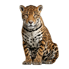 Naklejka premium PNG of A majestic jaguar sits gracefully, showcasing its beautiful spotted coat.
