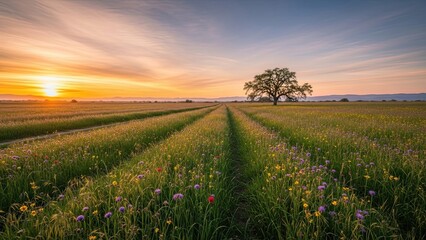 Beautiful summer sunset over a green grass meadow in the rural countryside with sunlit clouds across the sky