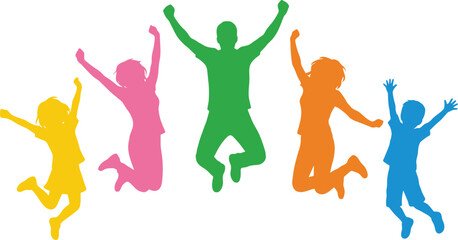 Colorful jumping kids silhouettes celebrating joy, happy children illustration, playful energy concept, fun childhood activity artwork showing excitement and freedom together