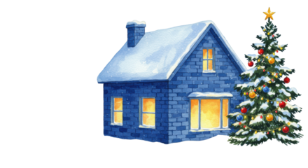 Detailed watercolor illustration of a royal blue brick house with warm yellow window light contrasting cool snowy twilight, decorated spruce tree, isolated on white. Nostalgic holiday greeting card