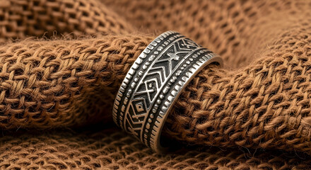 Silver Tribal Band Ring With Geometric Pattern On Brown Knit Fabric