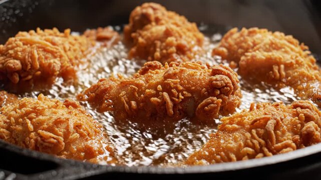 Crispy fried chicken pieces cooking in hot bubbling oil in cast iron skillet