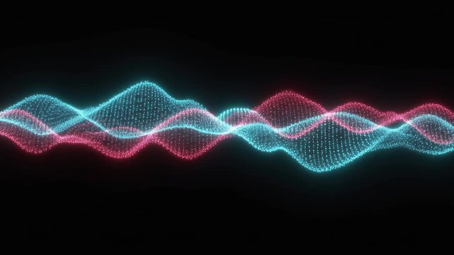 Dynamic flowing particle waves intertwining displaying digital data streams or sound frequency visualization against absolute darkness