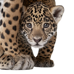 Fototapeta premium PNG of A close-up of a young leopard cub peeking out from behind its mother's paw, showcasing its playful demeanor.