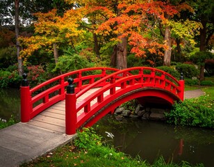 Vivid red bridge in autumn landscape with colorful foliage