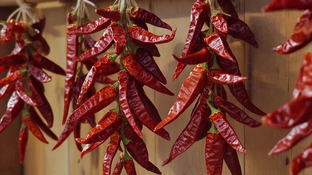 Dried Red Chili Peppers Hanging on a Wooden Wall.