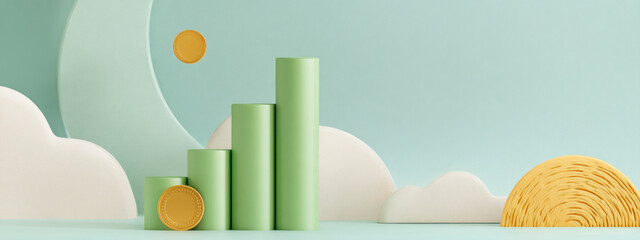 Playful 3D bar chart in light green tones with golden coin and soft clouds on blue background, symbolizing finance growth and creative optimism. banner 