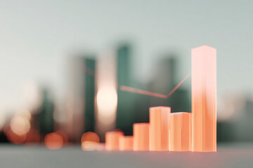 Minimal 3D bar graph in warm tones with blurred city skyline, representing economic growth, success, and business development concept.